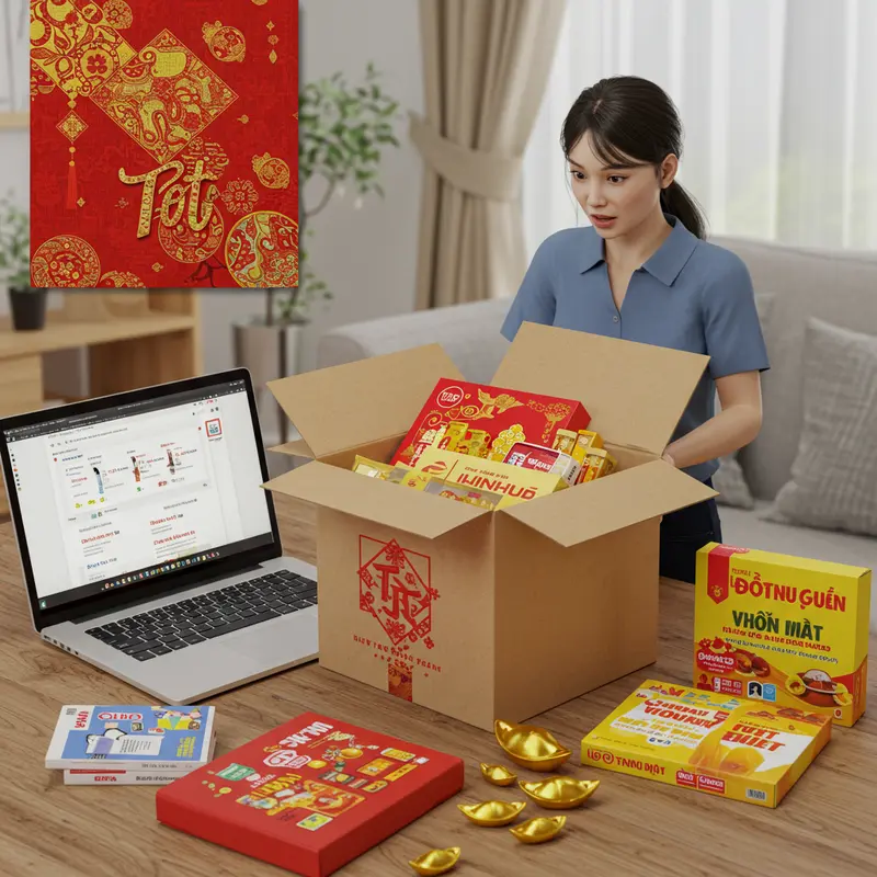 Hộp quà Tết hữu cơ cao cấp sắp xếp trên bàn gỗ, nổi bật với thực phẩm sạch và các loại trà hữu cơ.