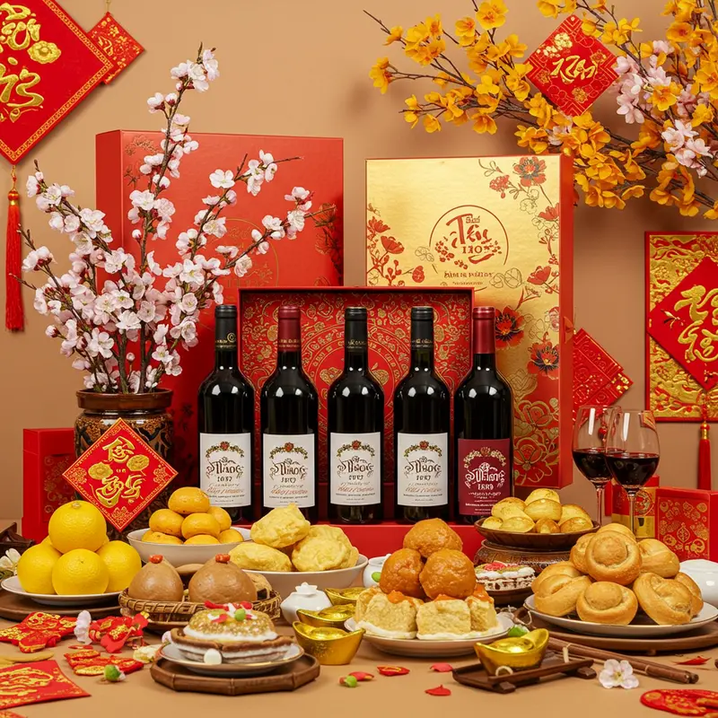 Bộ quà Tết với rượu vang ngoại cao cấp trang trí hoa mai, hộp đỏ vàng và thức ăn truyền thống.