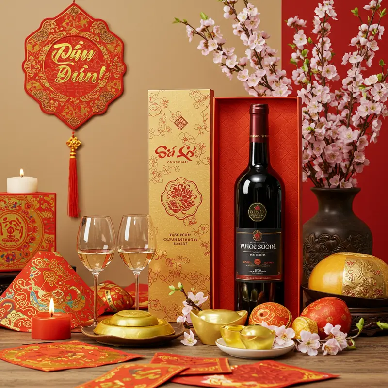 Không khí sum vầy ngày Tết với rượu vang ngoại là tâm điểm quà tặng.