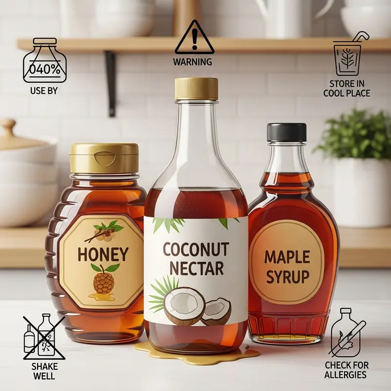 Ba lọ thể hiện mật ong, mật hoa dừa và siro cây phong nguyên chất.