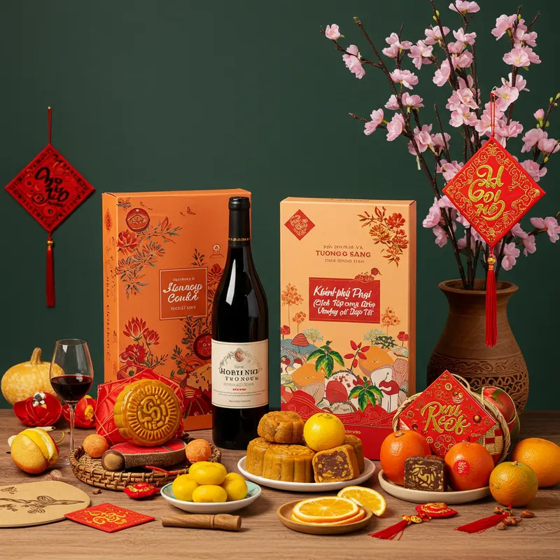 Hộp quà rượu vang Ý trang trí sang trọng trên bàn tiệc Tết truyền thống.
