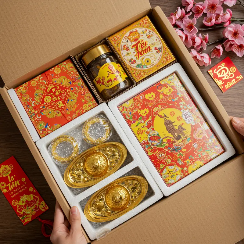 Chọn vật liệu đóng gói chắc chắn giúp bảo vệ hộp quà Tết vượt trội.