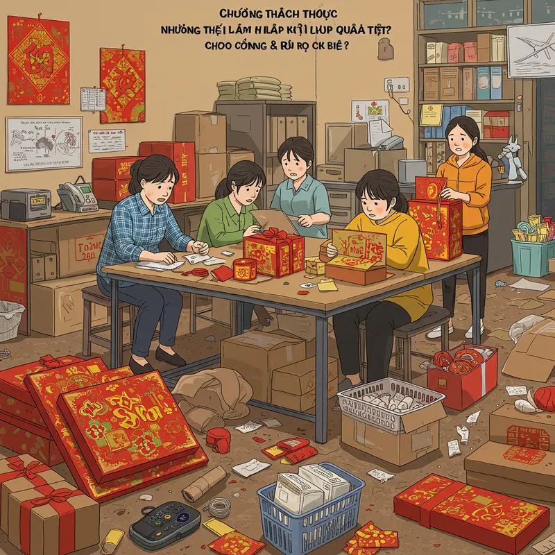 Nhân viên đang đóng gói và trang trí hộp quà Tết tại văn phòng.