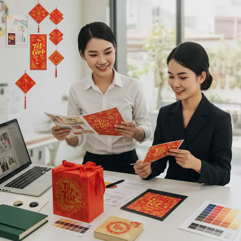 Nhân viên trao nhau hộp quà Tết doanh nghiệp được thiết kế riêng, in logo sắc nét.