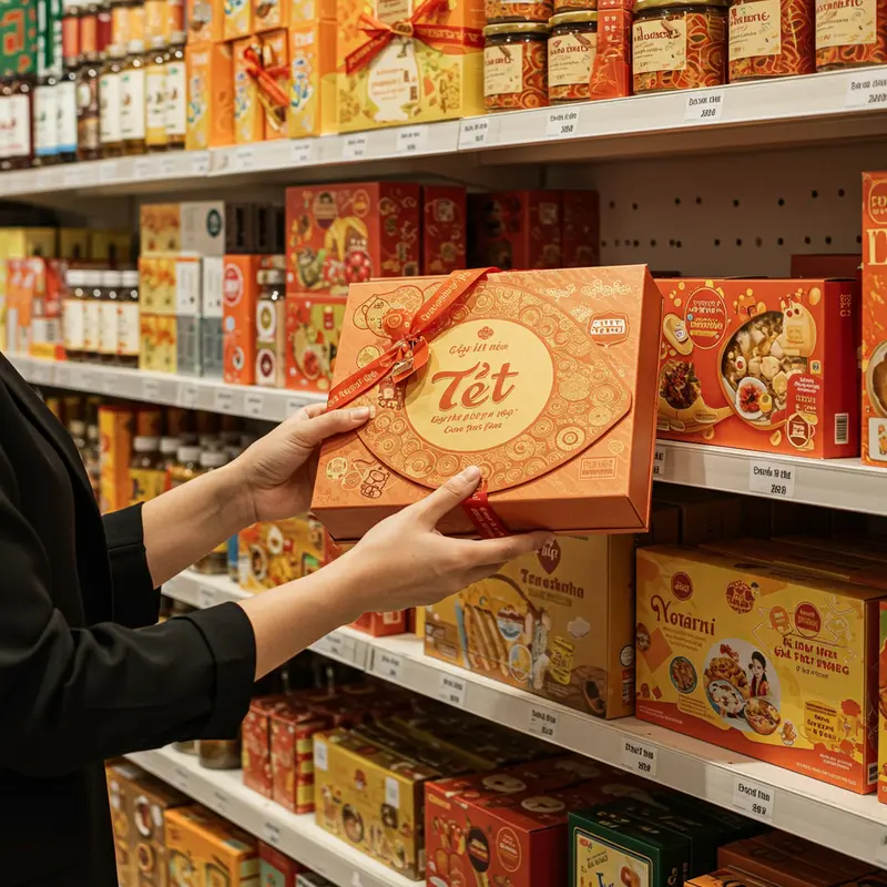 Hộp quà Tết hữu cơ đa dạng sản phẩm chăm sóc sức khỏe, được trình bày tinh tế.