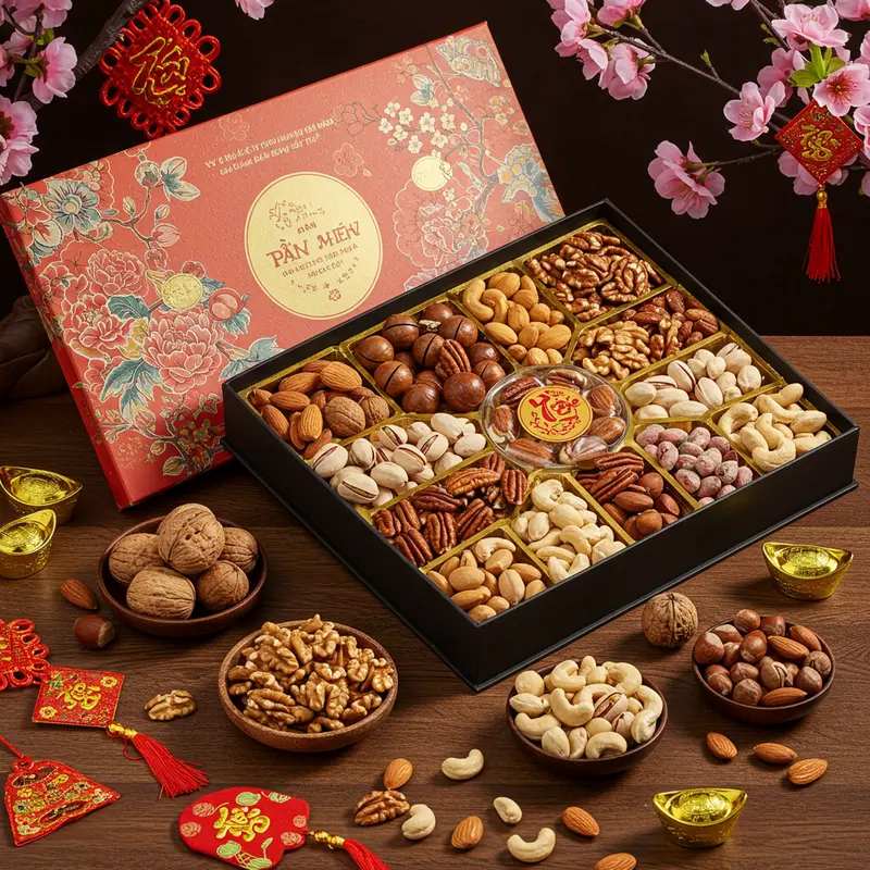 Bộ quà Tết hạt dinh dưỡng cao cấp với thiết kế sang trọng, hút mắt, chứa nhiều loại hạt bổ dưỡng.