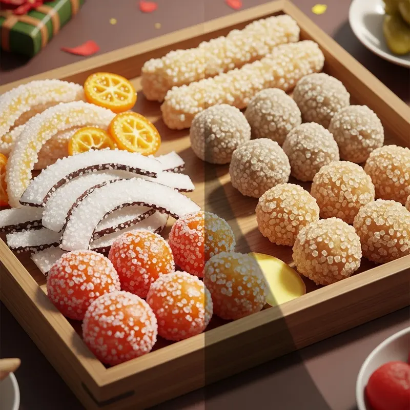 Mứt Tết truyền thống phủ đường tinh luyện trên bàn tiệc ngày xuân.