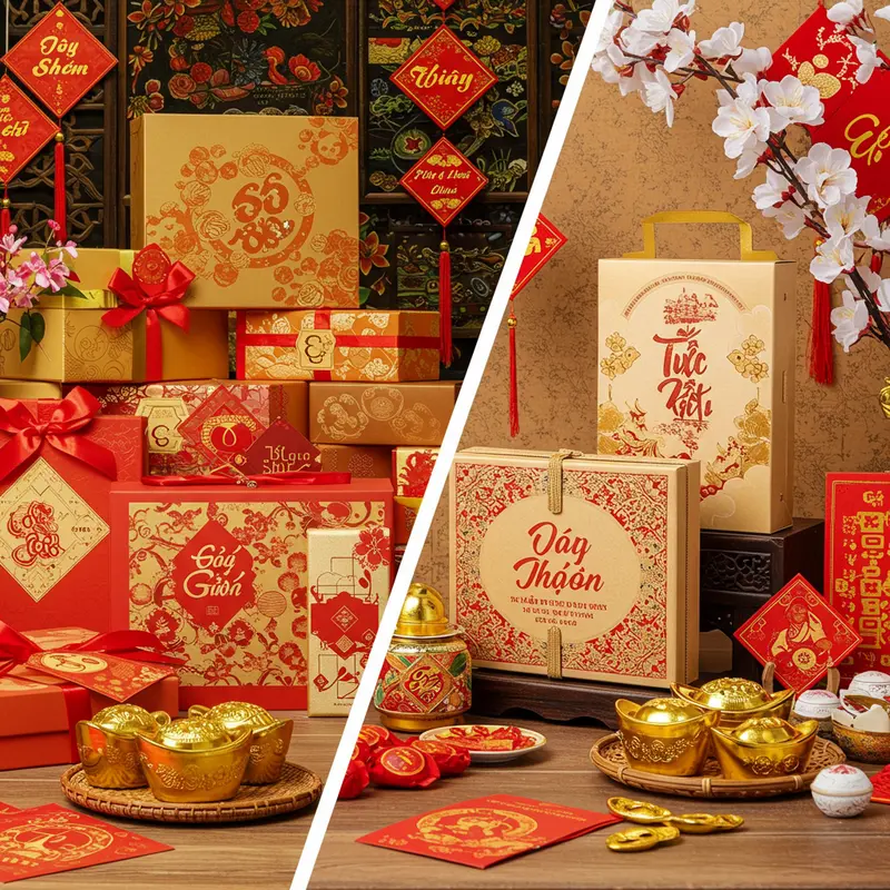 Hộp quà Tết truyền thống bên cạnh bánh mứt, hoa đào và phong bao lì xì.