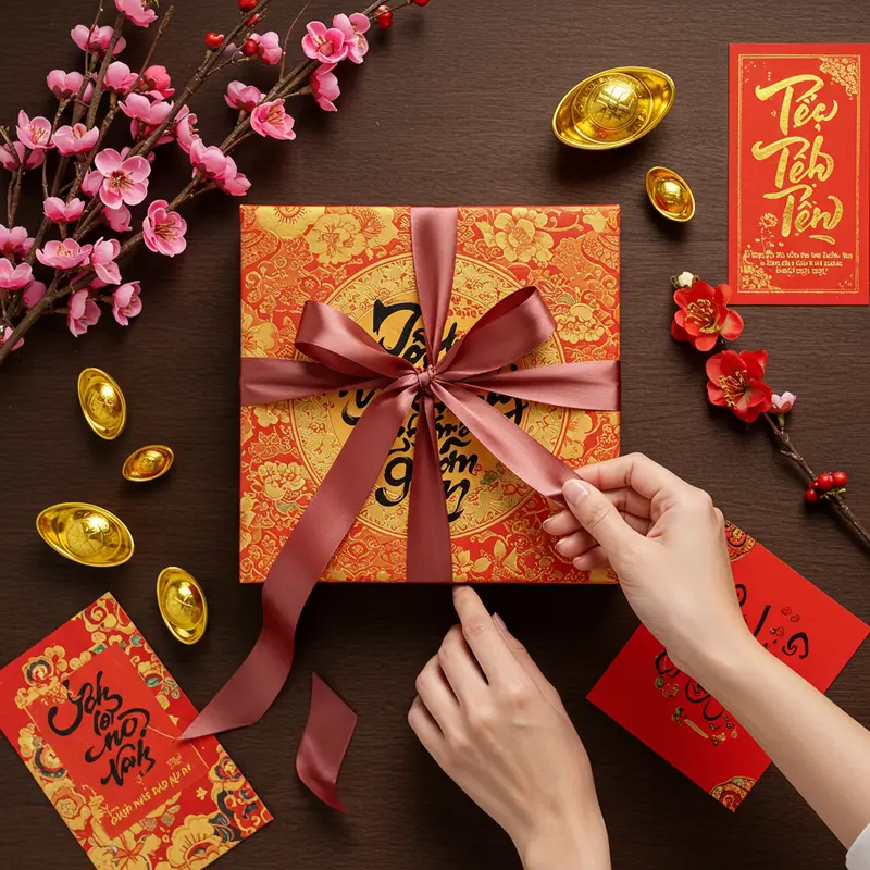 Người thân và đồng nghiệp hài lòng khi nhận hộp quà Tết thiết kế tinh tế.