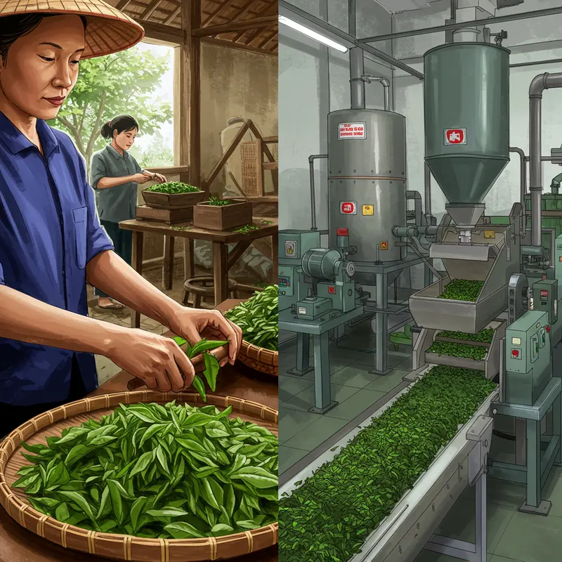 Hình ảnh thể hiện sự đối lập giữa vườn trà hữu cơ và vườn trà truyền thống.