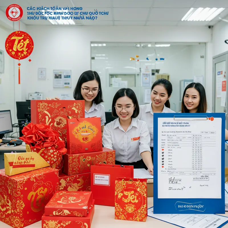 Hộp quà Tết doanh nghiệp với logo nổi bật và họa tiết truyền thống trên bàn làm việc.