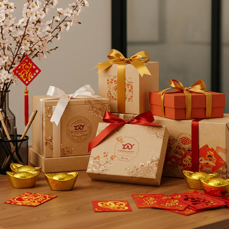 Hộp quà Tết doanh nghiệp với logo nổi bật và họa tiết truyền thống trên bàn làm việc.
