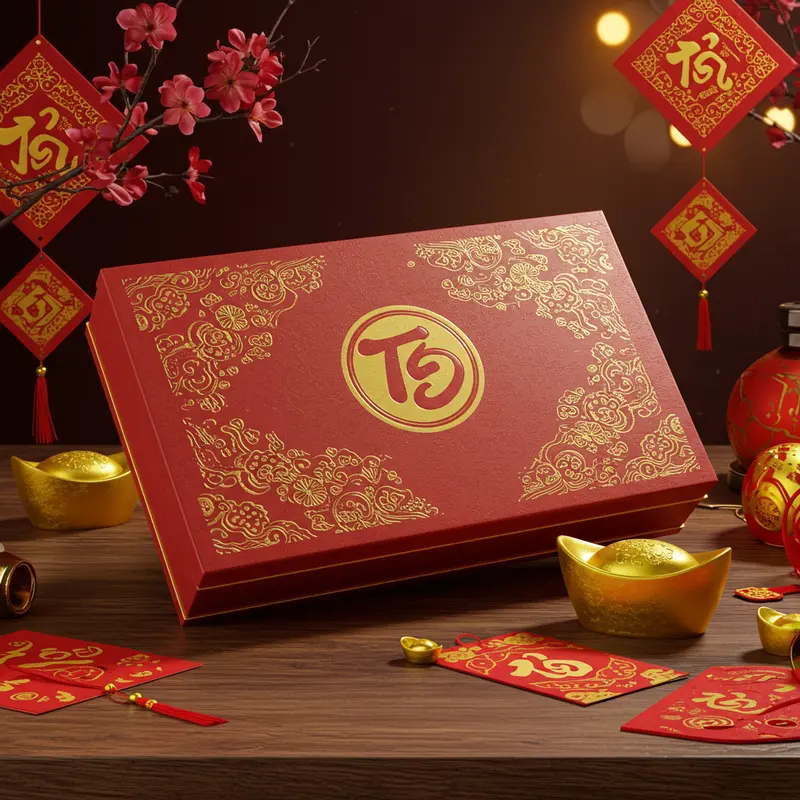 Hộp quà Tết sang trọng nổi bật với logo thương hiệu in nổi tinh tế.