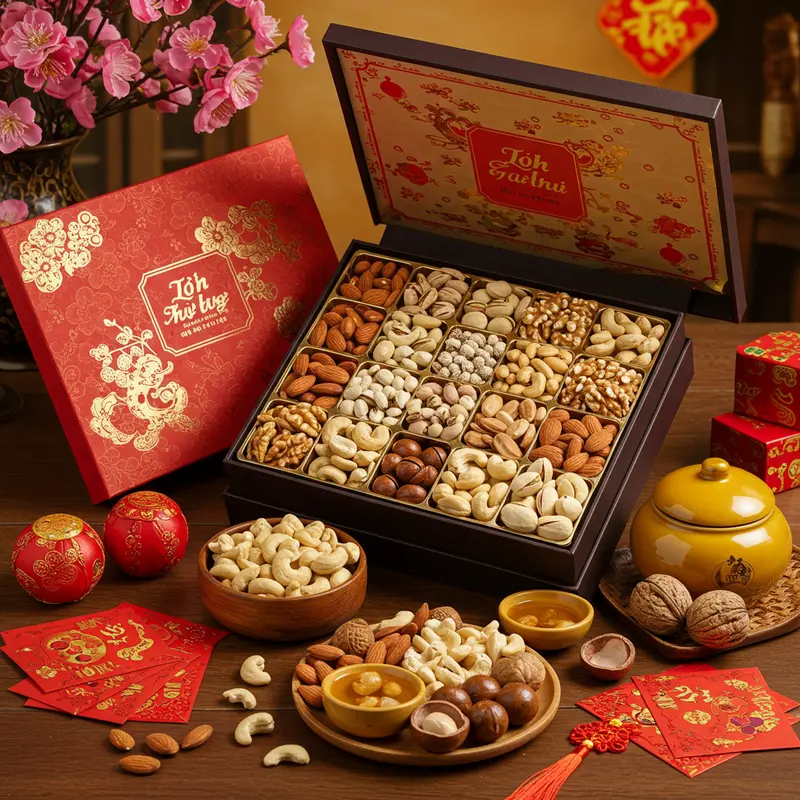 Hộp quà Tết sang trọng đầy ắp các loại hạt cao cấp bên cạnh hoa đào và phong bao lì xì.