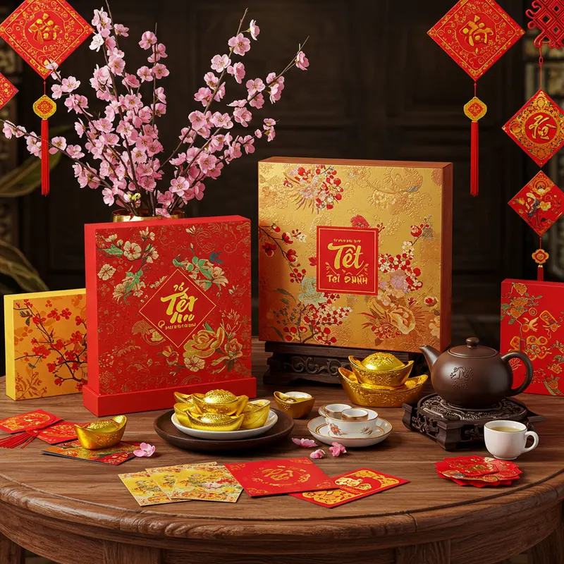 Hộp quà Tết sang trọng với hoa mai, phong bao lì xì, trà bánh, trên bàn gỗ theo phong cách lễ hội truyền thống Việt Nam.