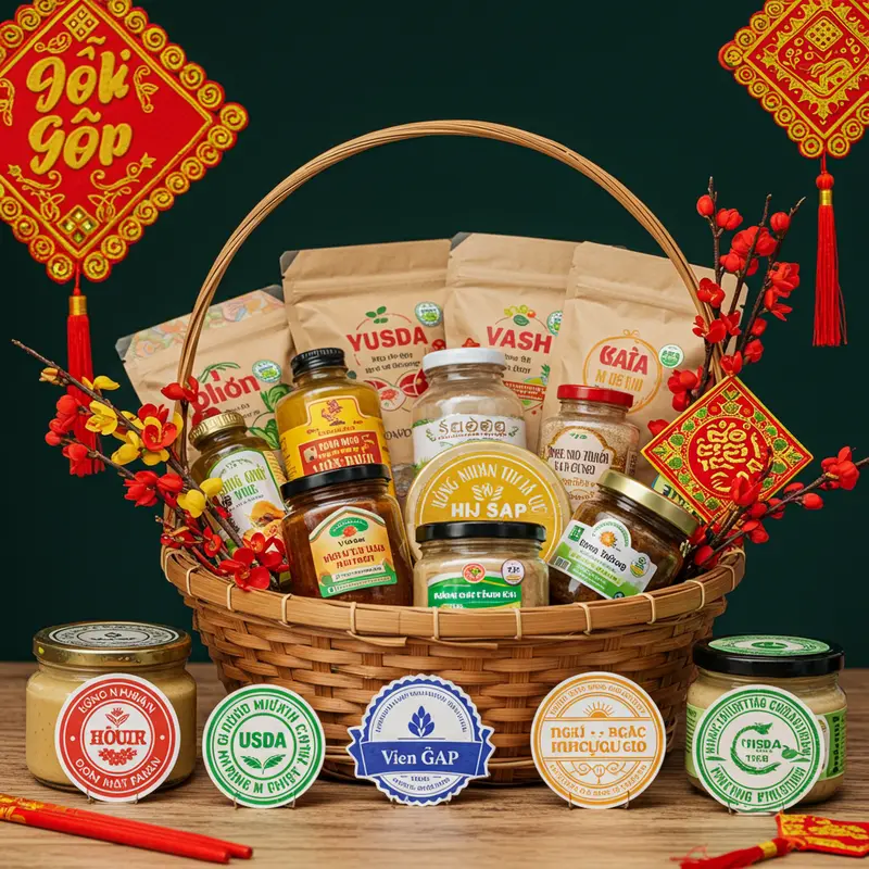 Các dấu chứng nhận hữu cơ nổi bật trên sản phẩm quà Tết.