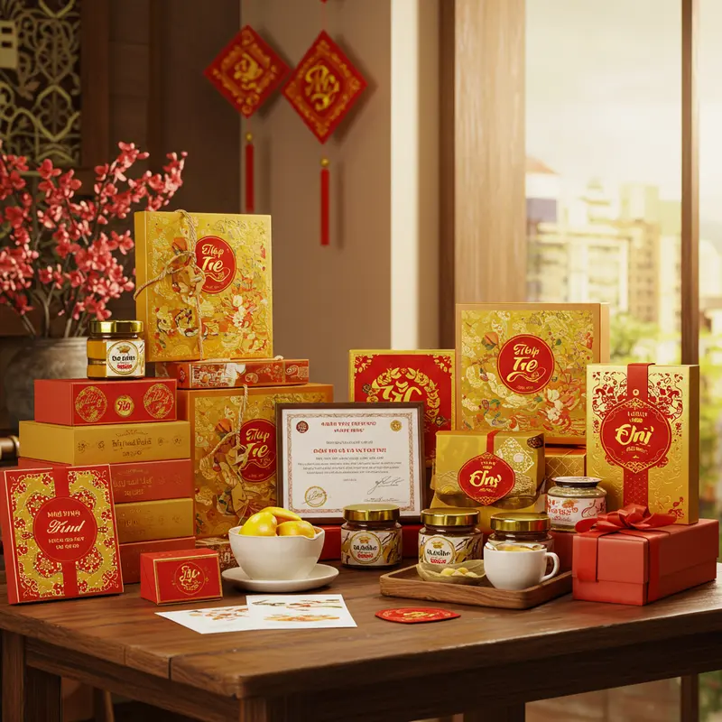 Hộp quà Tết cao cấp với giấy chứng nhận chất lượng rõ ràng.