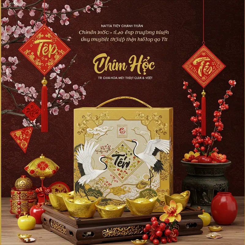 Hộp quà Tết sang trọng với họa tiết truyền thống nổi bật.