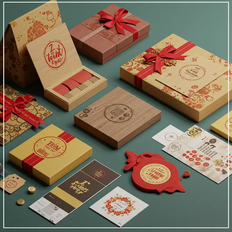 Nhân viên trao nhau hộp quà Tết doanh nghiệp được thiết kế riêng, in logo sắc nét.