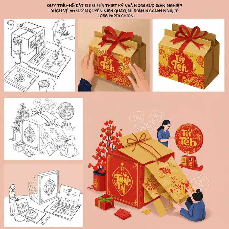 Nhân viên trao nhau hộp quà Tết doanh nghiệp được thiết kế riêng, in logo sắc nét.