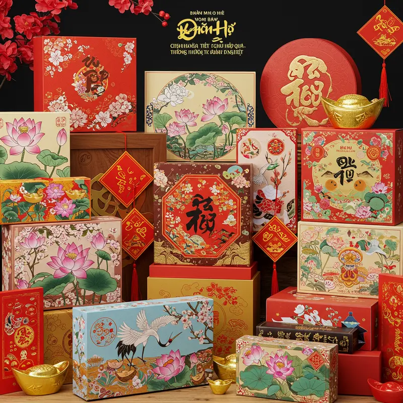 Hộp quà Tết sang trọng với họa tiết truyền thống nổi bật.