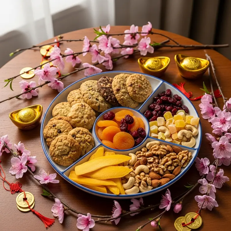 Khung cảnh ngày Tết với mâm bánh kẹo healthy, trái cây sấy, hạt và hoa đào rực rỡ.