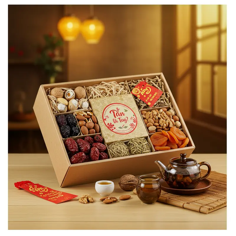 Hộp quà Tết hữu cơ với thiết kế thân thiện và thành phần tự nhiên.