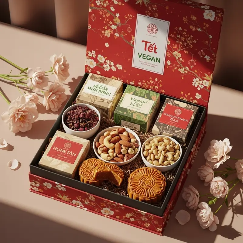 Bộ hộp quà Tết chay cùng các món ăn thuần chay bên cạnh hoa sen, biểu trưng của thanh tịnh và đạo Phật.