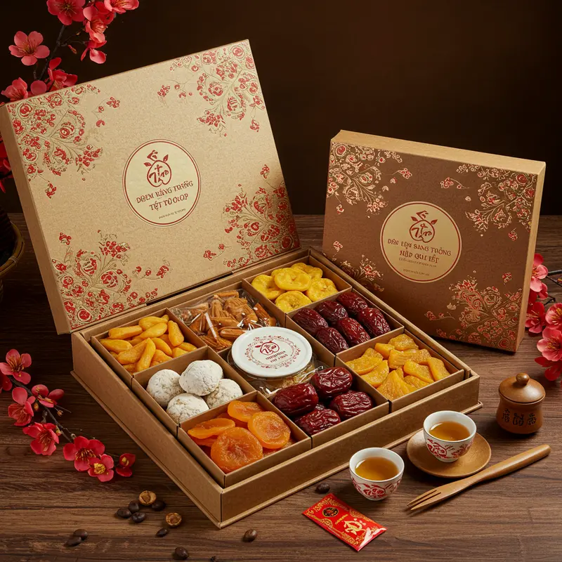 Hộp quà Tết cao cấp với sắc đỏ vàng, nâng tầm giá trị truyền thống Việt.