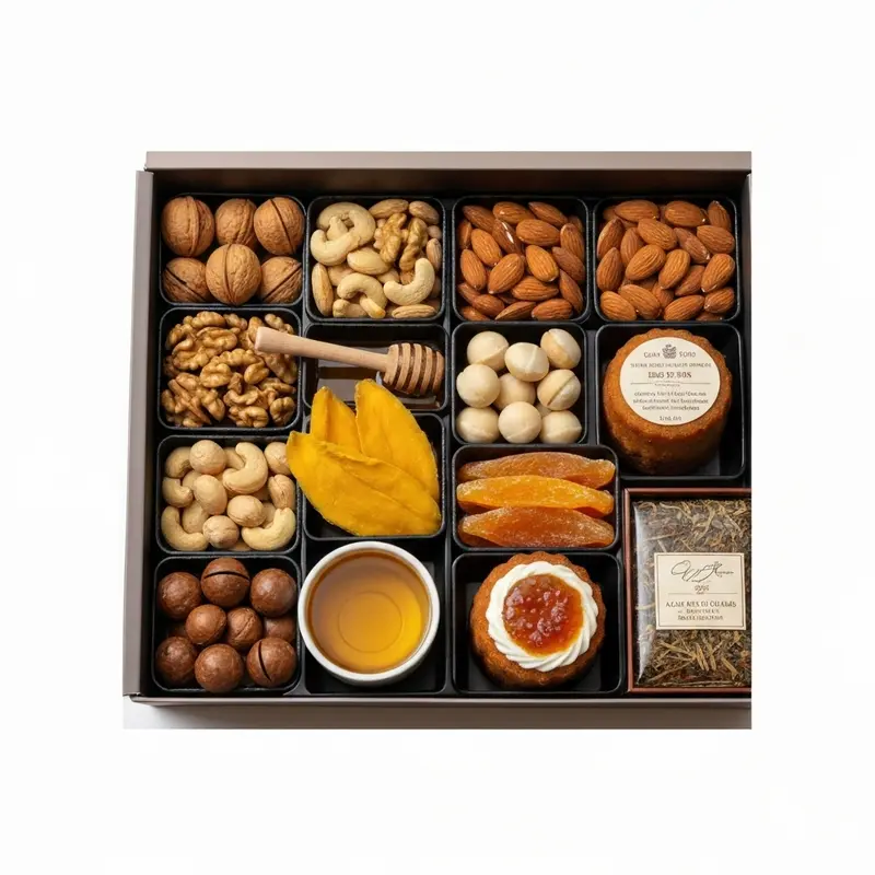 Hộp quà Tết healthy với các sản phẩm dinh dưỡng, tự nhiên.