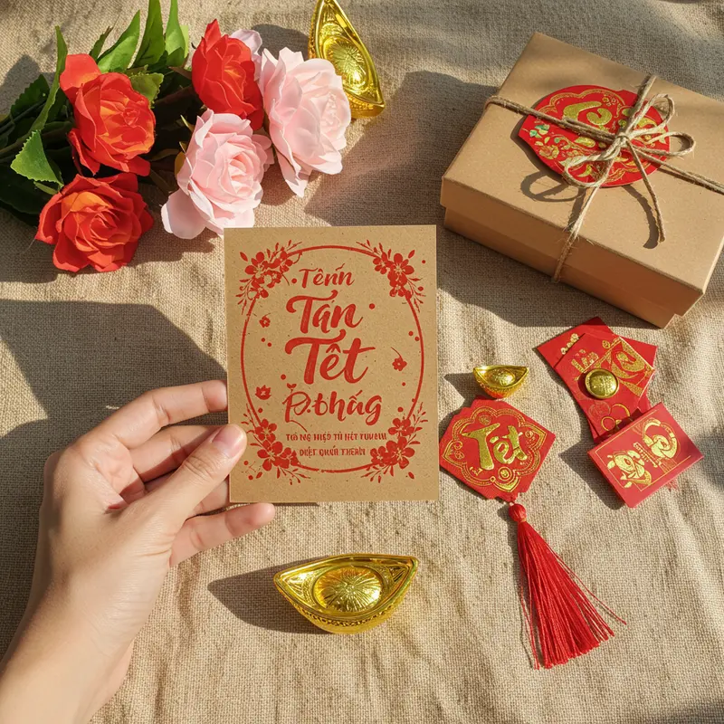 Hộp quà Tết hữu cơ sử dụng giấy kraft, tre và gỗ tái chế được trang trí tự nhiên.