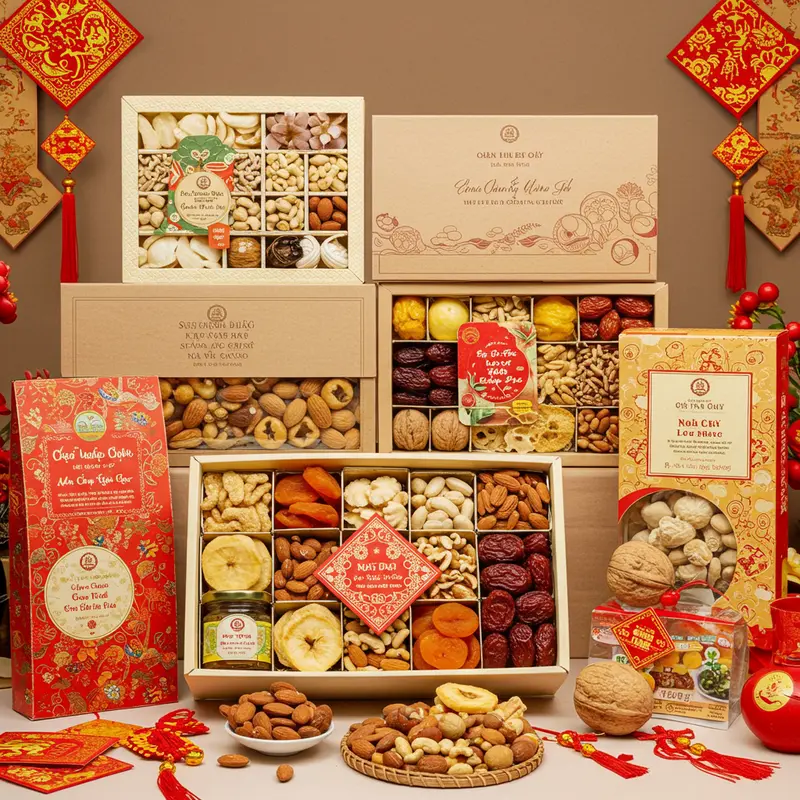 Hộp quà Tết hữu cơ được trưng bày trang trọng trong không gian sum vầy.