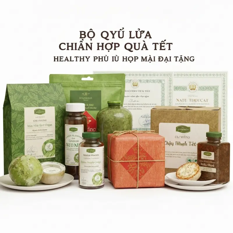 Hộp quà Tết healthy với các loại hạt dinh dưỡng, trà thảo mộc và trái cây sấy.