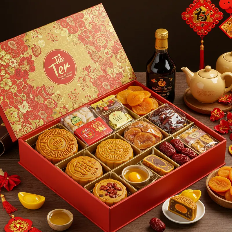 Hộp quà Tết sang trọng, kết hợp hoa đào và phụ kiện truyền thống ngày Tết.