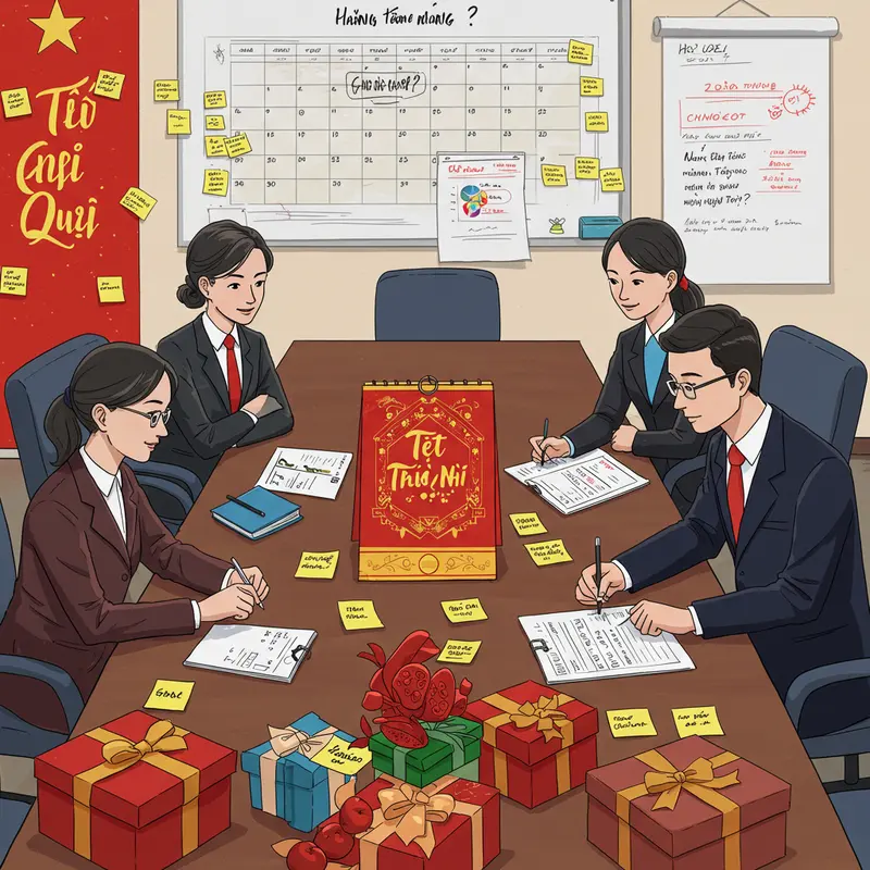 Nhân viên nhận quà Tết trong văn phòng trang trí rực rỡ không khí xuân.