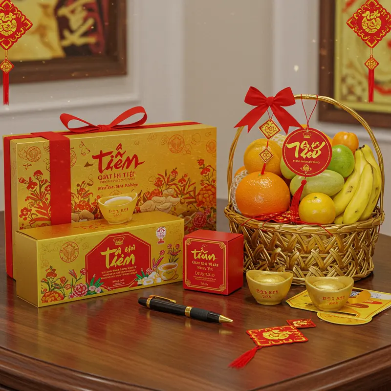 Không khí công sở ấm áp ngày Tết với những hộp quà sang trọng.