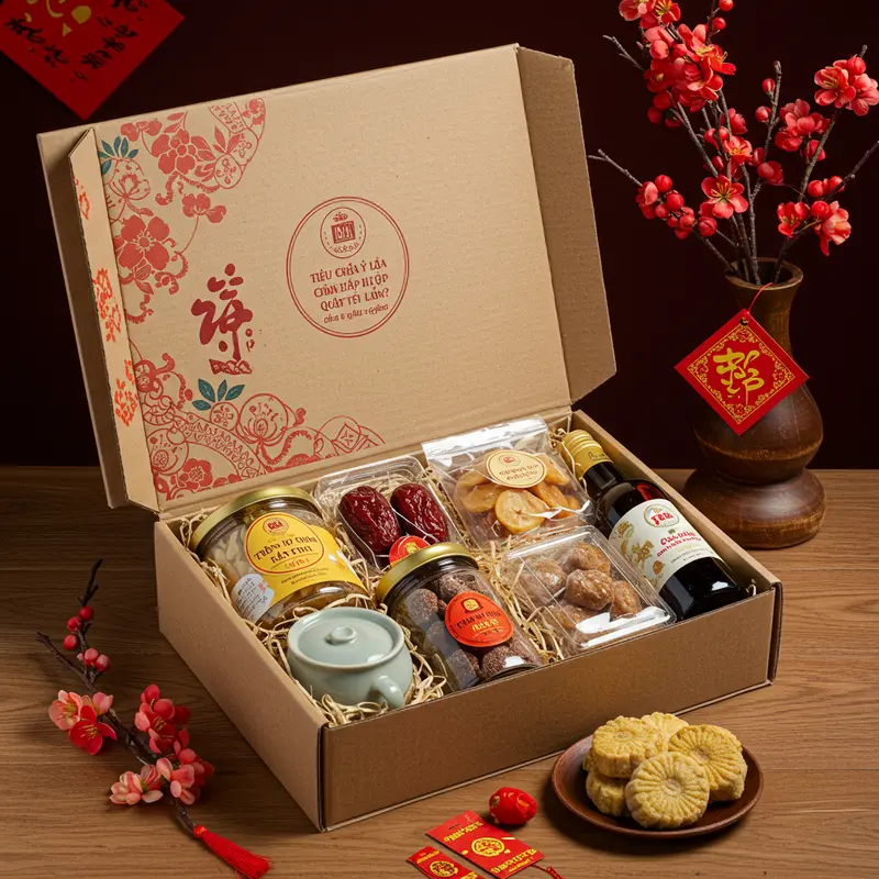 Hộp quà Tết được sắp xếp tinh tế, tượng trưng cho tấm lòng dịp năm mới.