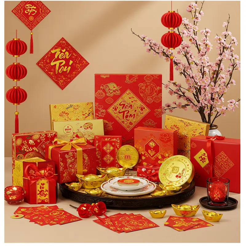 Trình bày quà Tết cho công ty gồm giỏ truyền thống lẫn quà nhập khẩu, bày trí đẹp cùng hoa mai và phong bao lì xì.