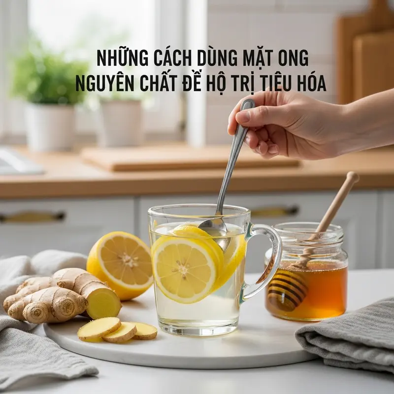 Lọ mật ong nguyên chất màu vàng óng đặt trên bàn gỗ cùng cành hoa dại và que khuấy mật.