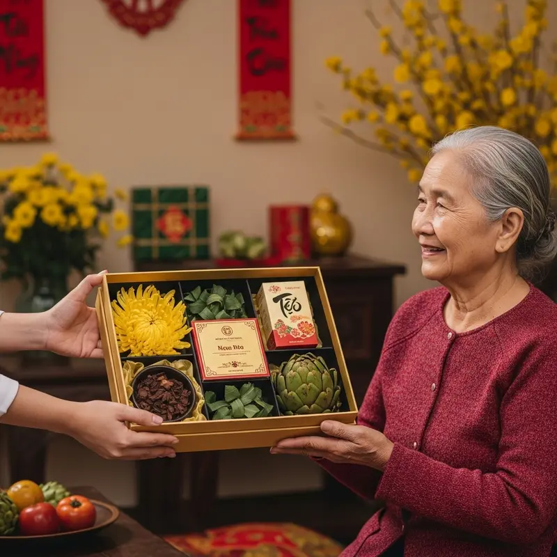 Hộp quà Tết sang trọng với trà hoa cúc và trà Atiso.
