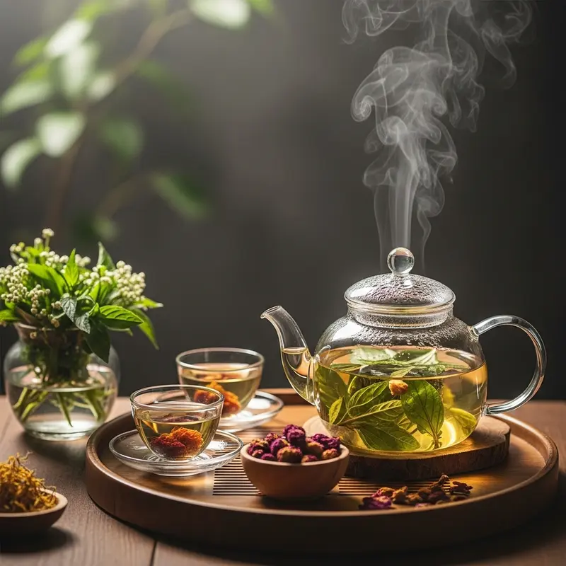 Bộ ấm trà thủy tinh, tách trà thảo mộc và thảo mộc tươi, hoa khô trên khay gỗ dưới ánh sáng tự nhiên.