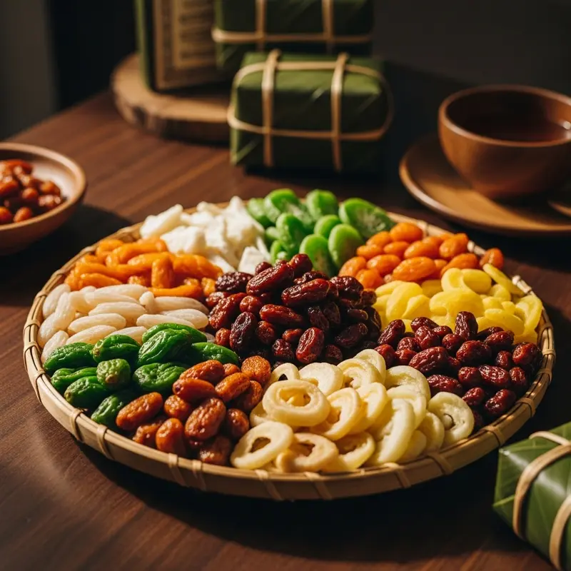 Khay trái cây sấy dẻo, khô nhiều màu sắc tươi mới trên bàn tiệc Tết với ánh sáng ấm áp.