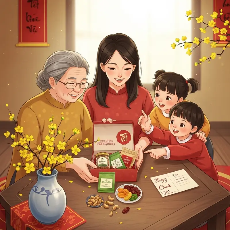 Bàn trưng bày các hộp quà Tết healthy với nhiều sản phẩm tự nhiên.