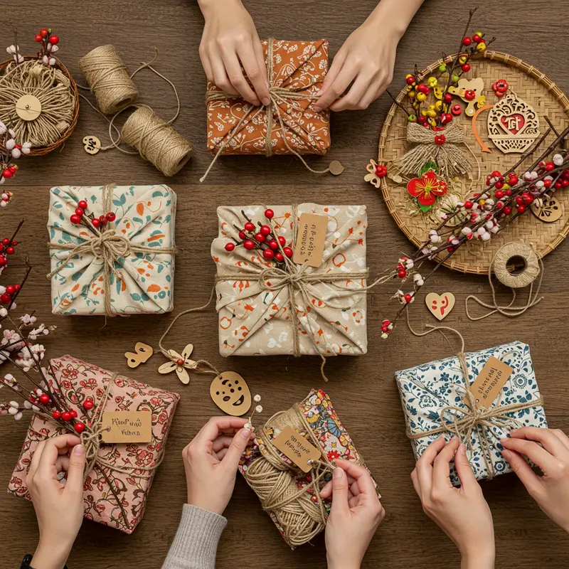 Hộp quà Tết hữu cơ sử dụng giấy kraft, tre và gỗ tái chế được trang trí tự nhiên.