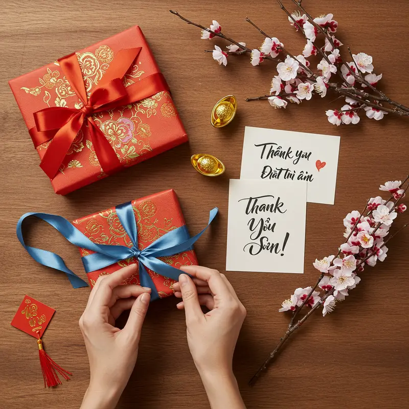Hộp quà Tết sang trọng, kết hợp hoa đào và phụ kiện truyền thống ngày Tết.