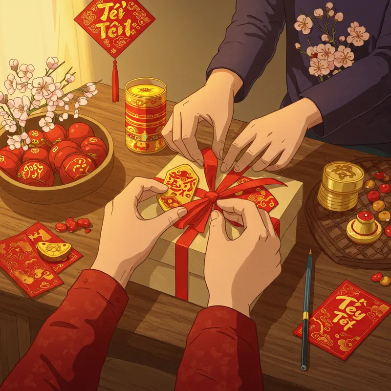 Hộp quà Tết truyền thống bên cạnh bánh mứt, hoa đào và phong bao lì xì.