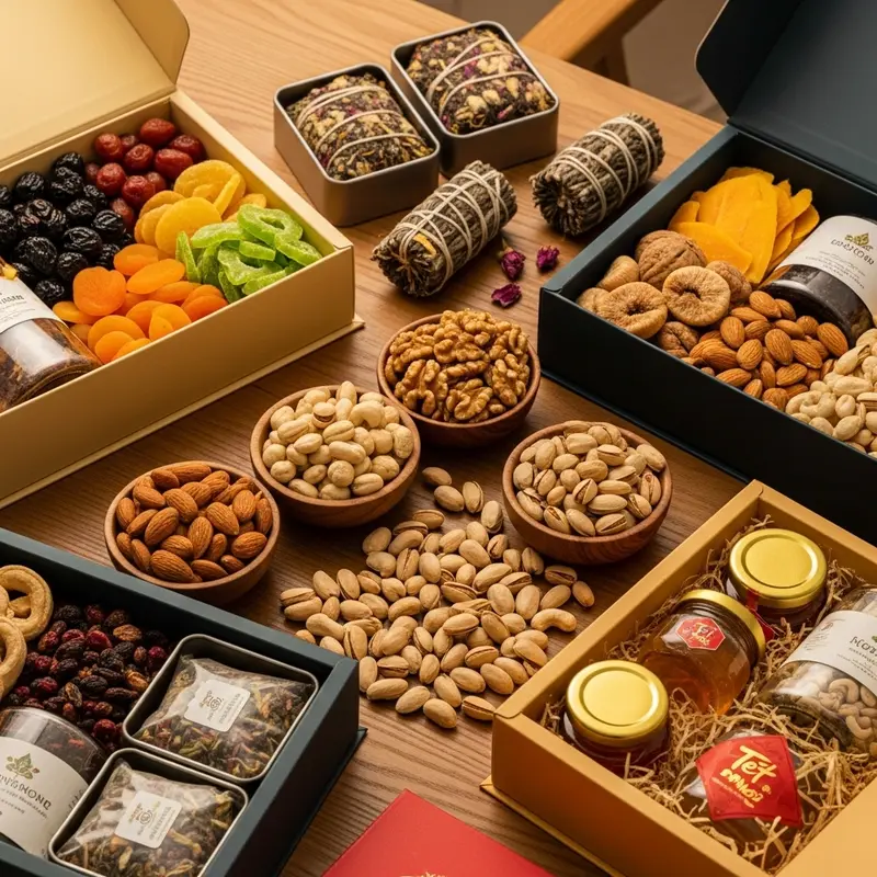 Bàn trưng bày các hộp quà Tết healthy với nhiều sản phẩm tự nhiên.