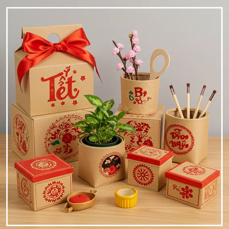 Hộp quà Tết hữu cơ với thiết kế thân thiện và thành phần tự nhiên.