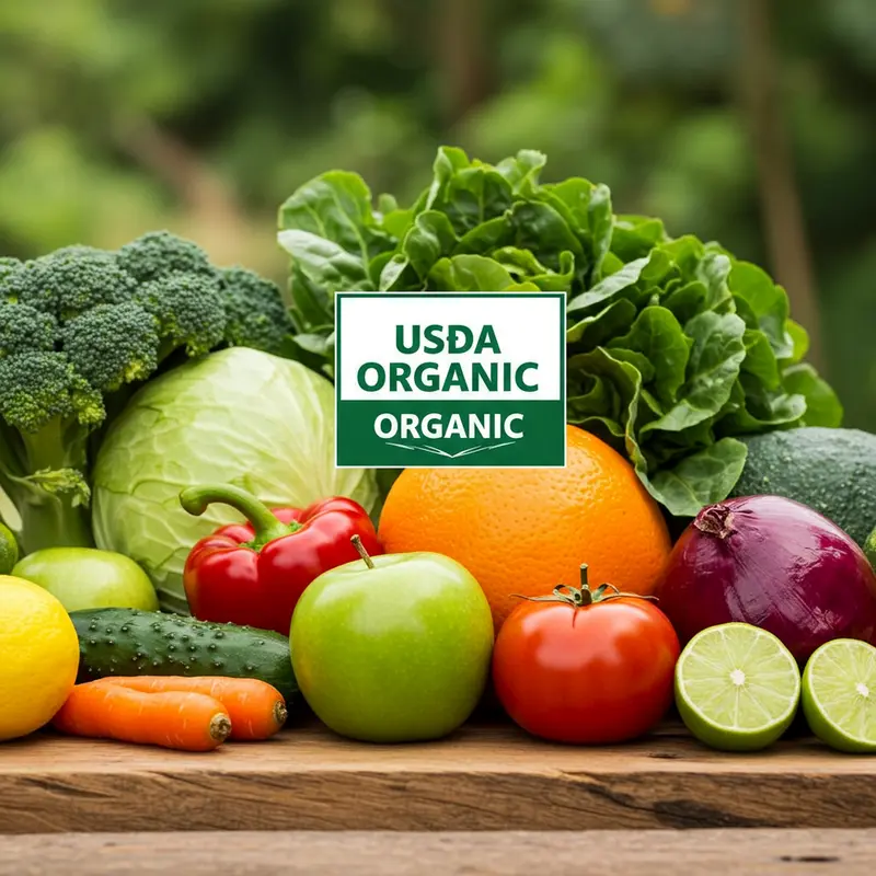 Hình ảnh tem chứng nhận hữu cơ USDA trên rau củ quả tươi.