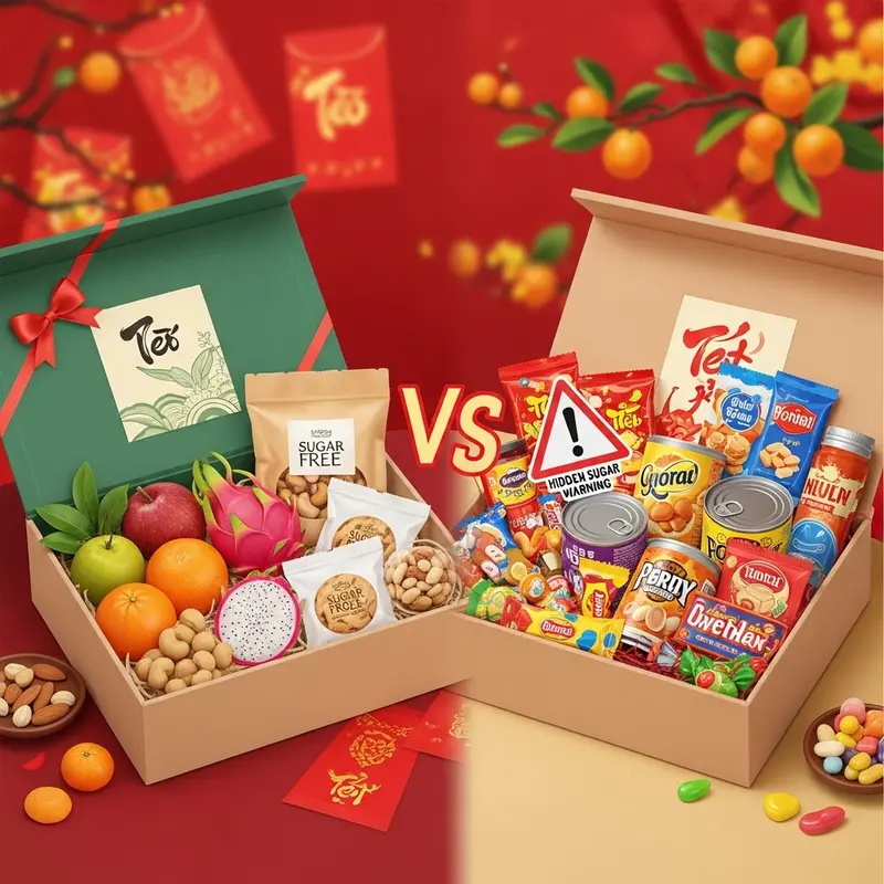 Hộp quà Tết healthy với các thành phần thiên nhiên, tốt cho sức khỏe.